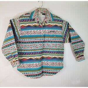 Vtg 80s Western Graphic Button Up Wms L Rough Rider Barrel Racer Pocket Heavy